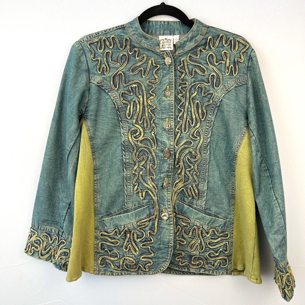 Parsley & Sage‎ Mixed Media Button Front Boho Denim Jacket Size L